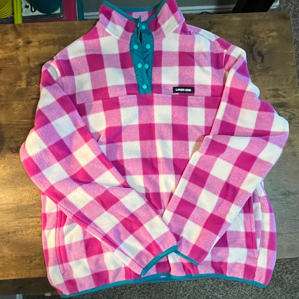 Lands End Pink Plaid Fleece Pullover Sz. Mp